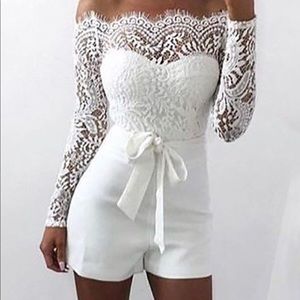 Lace top off the shoulder romper